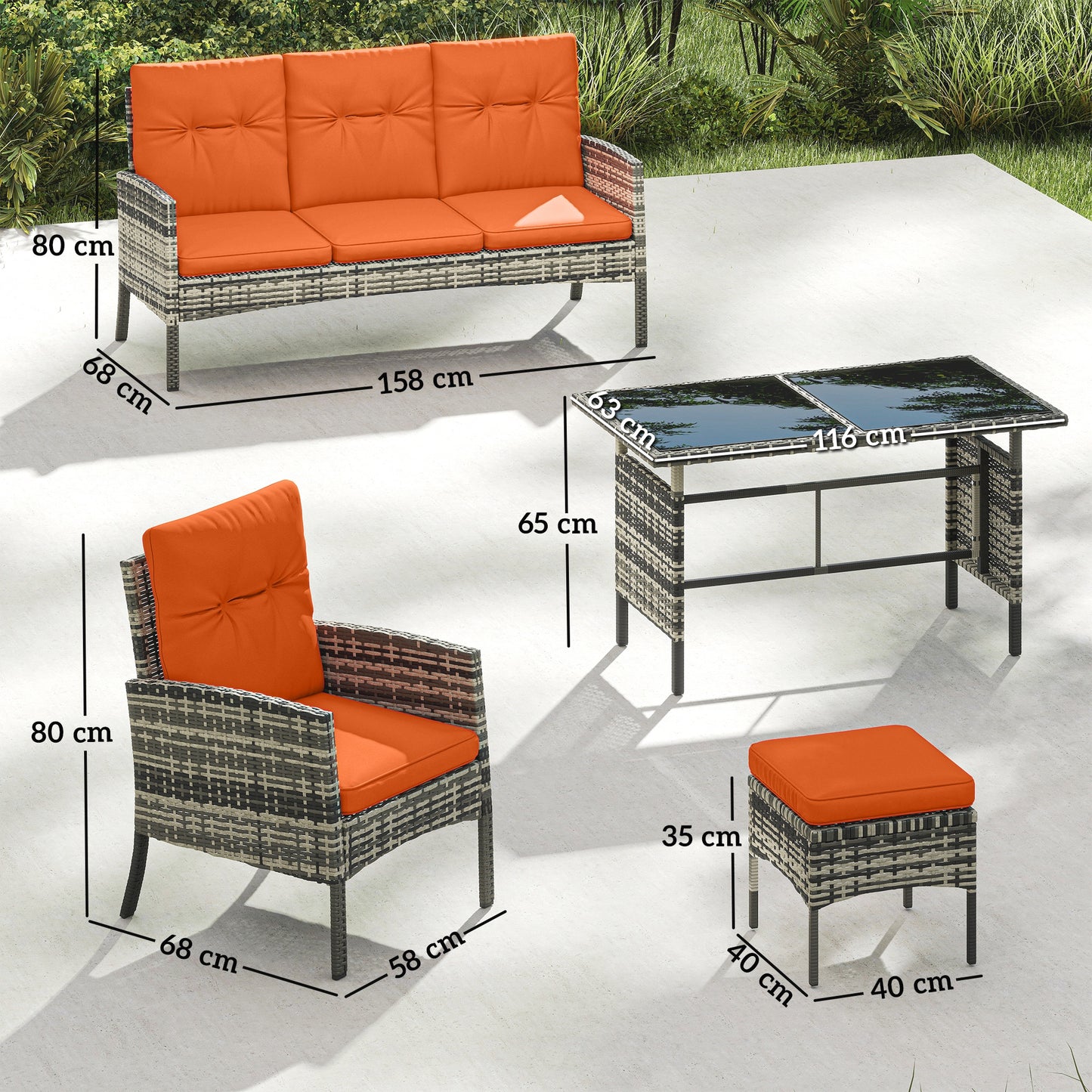 Outsunny 6 Pieces Rattan Garden Furniture Set with Dining Table and Cushions, Orange