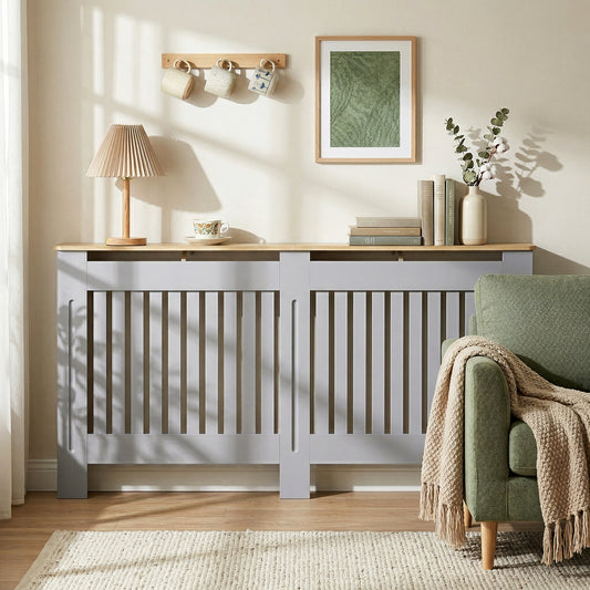 HOMCOM Slatted Radiator Cover, Painted Cabinet with Line Grill Design, 172L × 19W × 81H cm, Grey