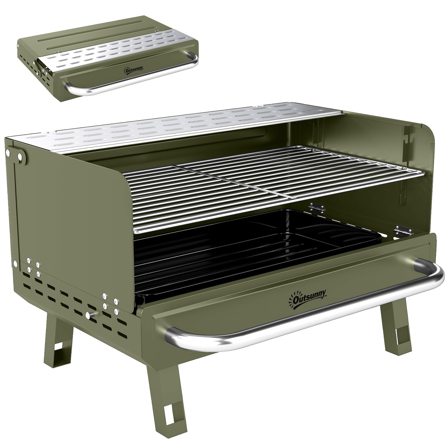 Outsunny Portable BBQ Grill, Charcoal Barbecue Grill with Adjustable Grates, Foldable Legs, Side Shelf for Camping Travel, Green