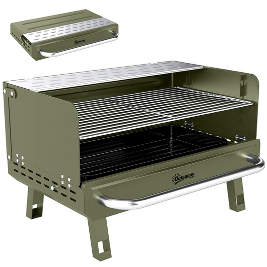 Outsunny Portable BBQ Grill, Charcoal Barbecue Grill with Adjustable Grates, Foldable Legs, Side Shelf for Camping Travel, Green