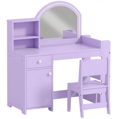 AIYAPLAY Kids Vanity Table and Chair Set, Kids Vanity Table with 2-Colour LED Mirror, Stool, Cabinet, Drawer, Shelves, Purple