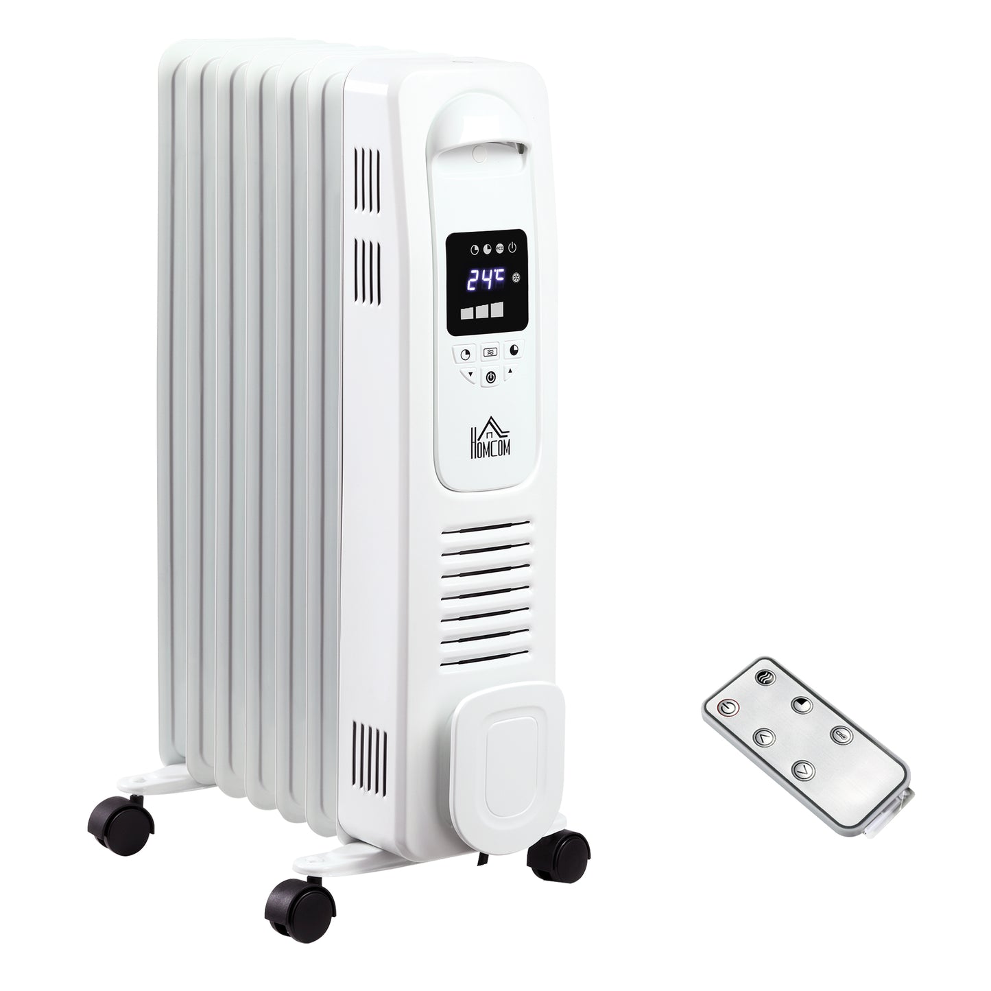 HOMCOM 1500W Digital Oil Filled Radiator, 7 Fin, Portable Electric Heater with LED Display, 24-Hour Timer, 3 Heat Settings, Safety Cut-Off and Remote Control, White