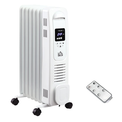 HOMCOM 1500W Digital Oil Filled Radiator, 7 Fin, Portable Electric Heater with LED Display, 24-Hour Timer, 3 Heat Settings, Safety Cut-Off and Remote Control, White