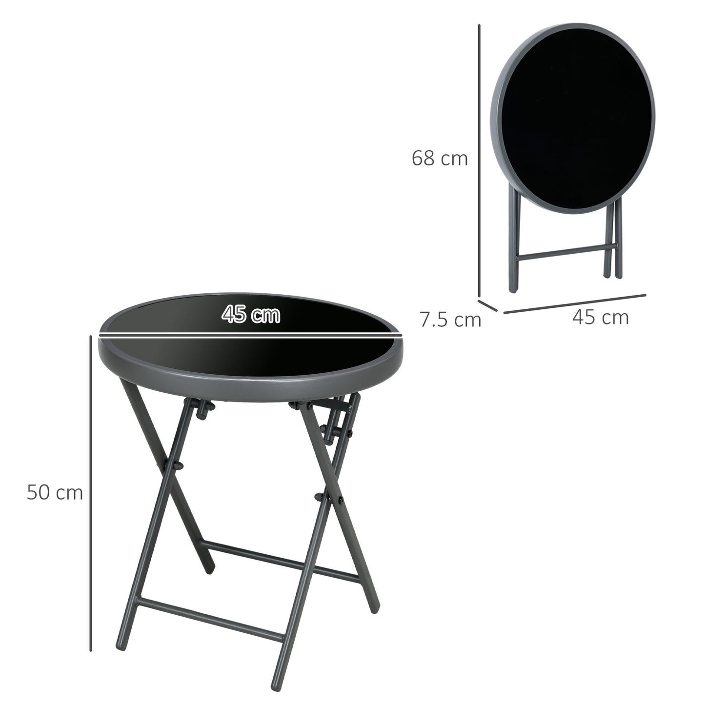Outsunny a45cm Garden Side Table, Outdoor Round Folding Patio Table with Imitation Marble Glass Top, Small Coffee Table, Black