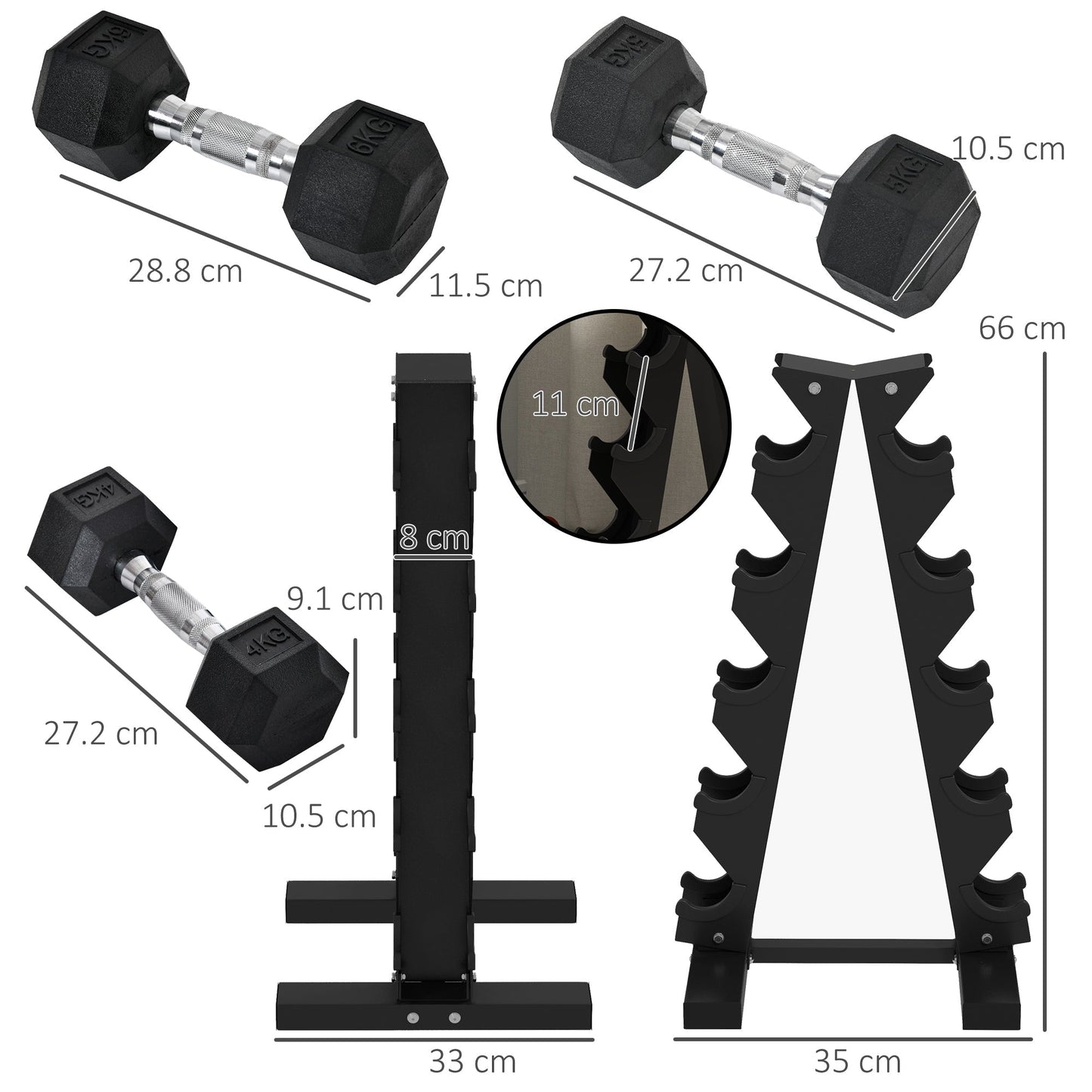 SPORTNOW 5-Tier Dumbbell Rack with 6 Hexagonal Rubber Dumbbells (2x4kg, 2x5kg, 2x6kg), Dumbbell Storage Stand Holder with Weights Sets for Home Gym Fitness, Black