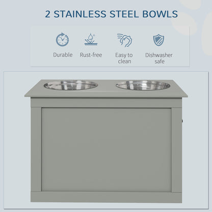 PawHut Raised Dog Bowls, with Storage, Two Stainless Steel Bowls, Elevated Base - Grey