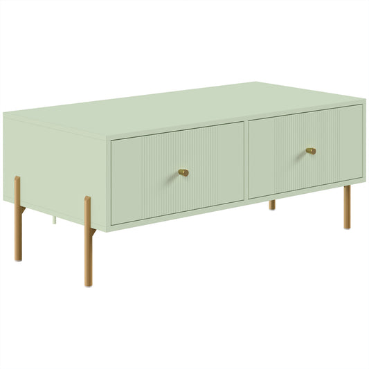 HOMCOM Modern Coffee Table, Living Room Table with Storage, 2 Drawers and Metal legs for Bedroom, Light Green
