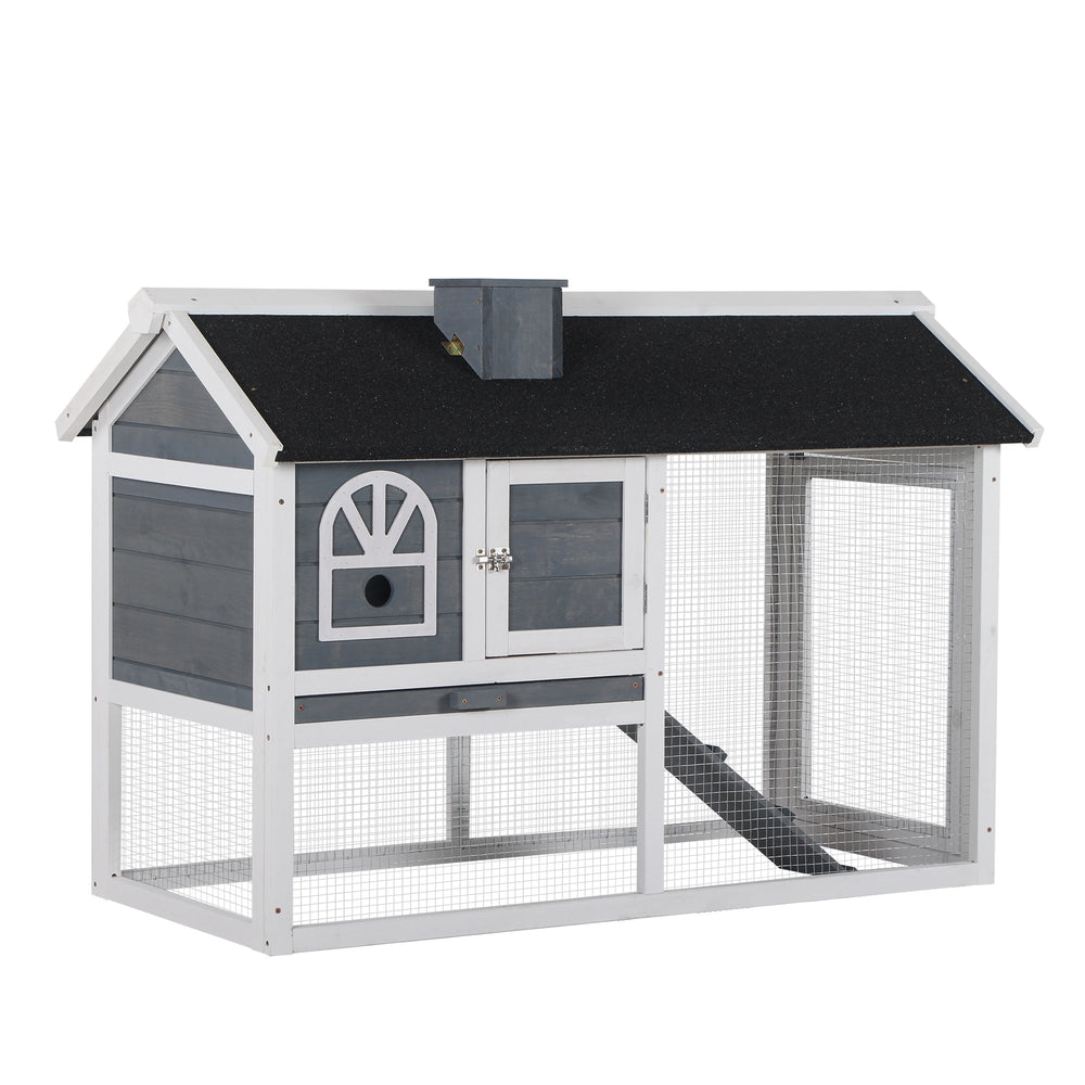 PawHut Wooden Rabbit Hutch and Run with Sliding Tray, Ramp, Water-resistant Roof, for 2-4 Rabbits, Grey