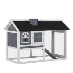 PawHut Wooden Rabbit Hutch and Run with Sliding Tray, Ramp, Water-resistant Roof, for 2-4 Rabbits, Grey