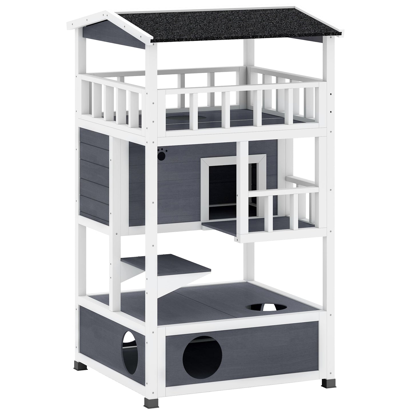 PawHut Wooden Outdoor Cat House, 3-Tier Cat Shelter with Tilted Roof, Terrace, Jump Step, Bottom Tray and Elevated Base, Waterproof Paint, Grey