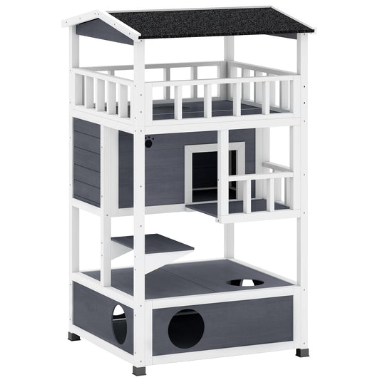 PawHut Wooden Outdoor Cat House, 3-Tier Cat Shelter with Tilted Roof, Terrace, Jump Step, Bottom Tray and Elevated Base, Waterproof Paint, Grey