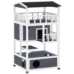 PawHut Wooden Outdoor Cat House, 3-Tier Cat Shelter with Tilted Roof, Terrace, Jump Step, Bottom Tray and Elevated Base, Waterproof Paint, Grey