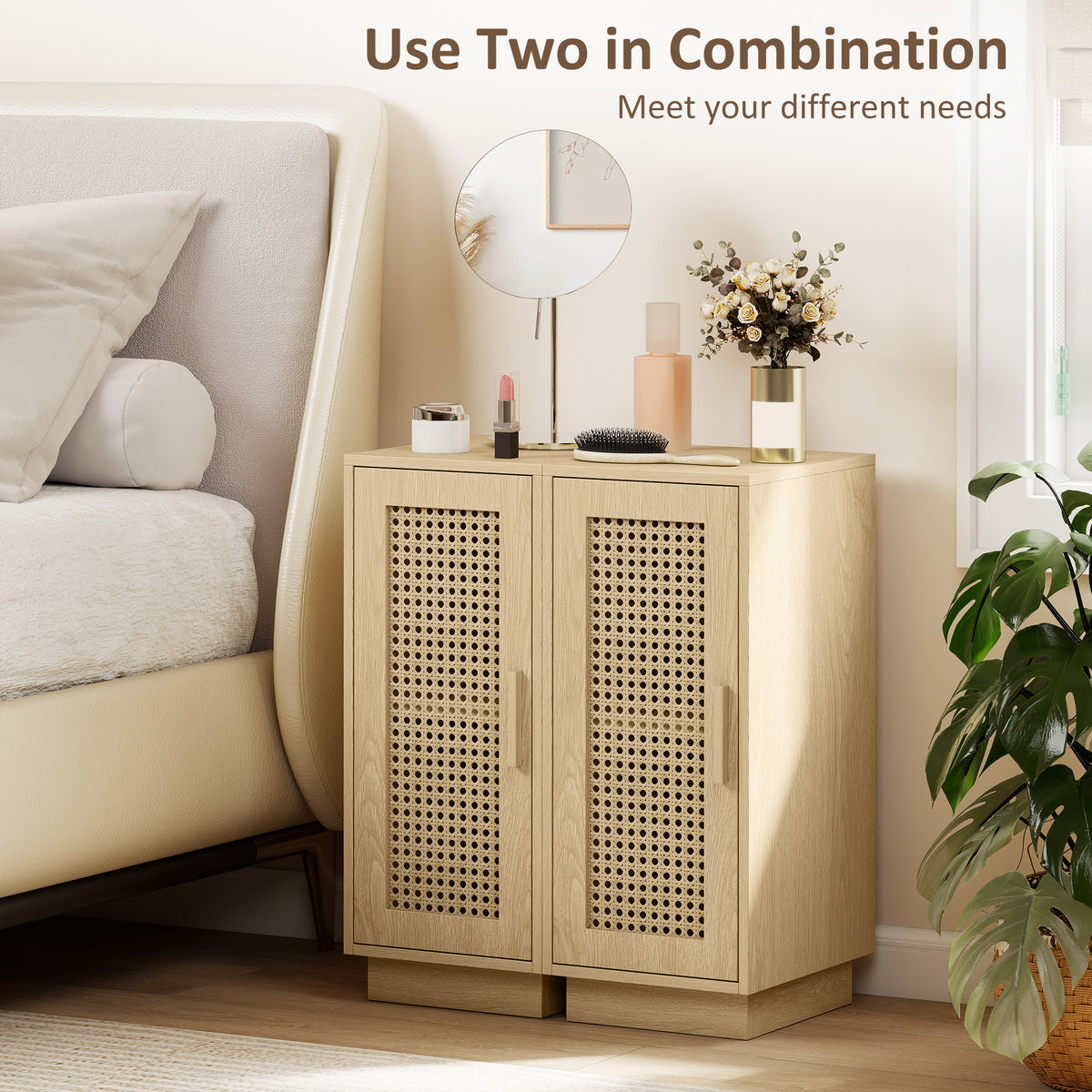 HOMCOM Set of 2 Bedside Tables with Rattan-Decor Doors, Boho Slim Nightstands with Adjustable Shelf, Natural Wood Finish