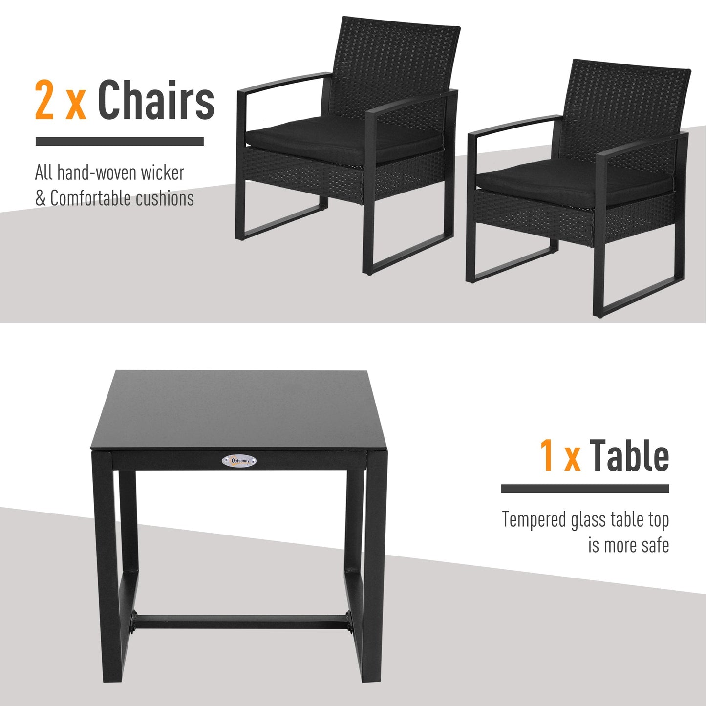 Outsunny 2 Seater Rattan Coffee Set-Black