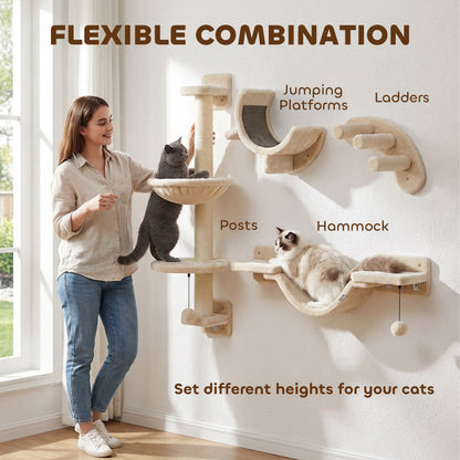 PawHut Four-Piece Cat Wall Furniture, with Hammock, Ladder, Platforms, Steps, for Indoor Use - Beige