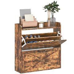 HOMCOM Two Flip Drawer Narrow Shoe Cabinet with Adjustable Shelves - Rustic Brown