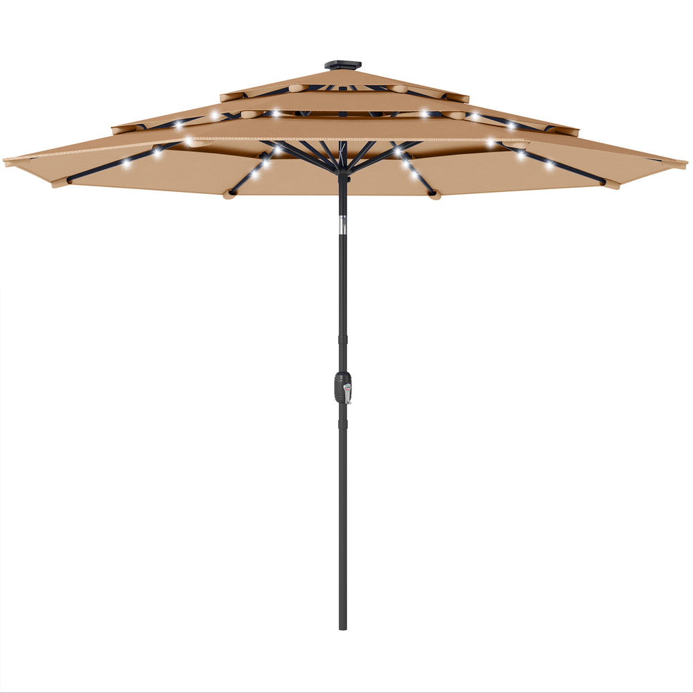 Outsunny 2.8 m Garden Parasol Umbrella with LED Solar Light, Parasol Cover, 3 Tier Outdoor Table Market Patio Umbrella, Khaki