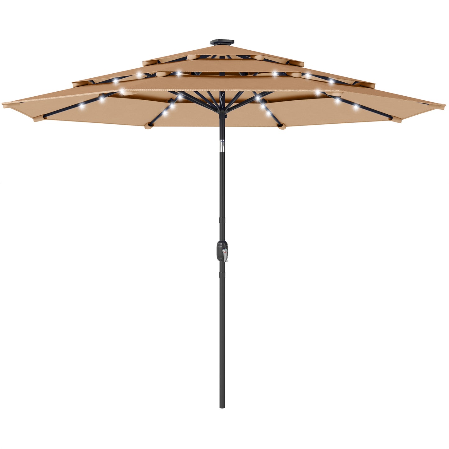 Outsunny 2.8 m Garden Parasol Umbrella with LED Solar Light, Parasol Cover, 3 Tier Outdoor Table Market Patio Umbrella, Khaki