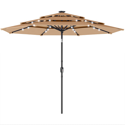 Outsunny 2.8 m Garden Parasol Umbrella with LED Solar Light, Parasol Cover, 3 Tier Outdoor Table Market Patio Umbrella, Khaki
