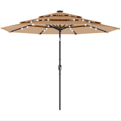 Outsunny 2.8 m Garden Parasol Umbrella with LED Solar Light, Parasol Cover, 3 Tier Outdoor Table Market Patio Umbrella, Khaki