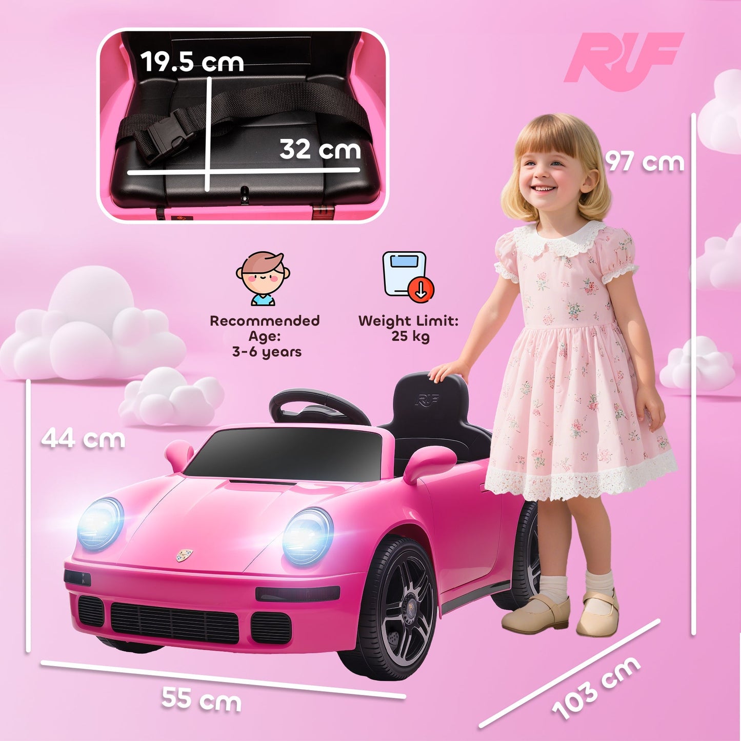 AIYAPLAY Licensed RUF CTR 2017 Electric Car for Kids, with Remote Control, Soft Start, MP3 Player, LED Lights, Pink