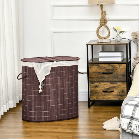 HOMCOM 100L Bamboo Laundry Basket with Lid, Washing Basket with 2 Compartments, Handles, Removable Liner, Brown