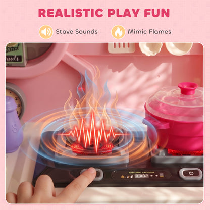 AIYAPLAY Play Kitchen, 33 PCS Kids Kitchen Playset with Lights, Sounds, Storage, Circulating Water Sink for 3-6 Years, Pink