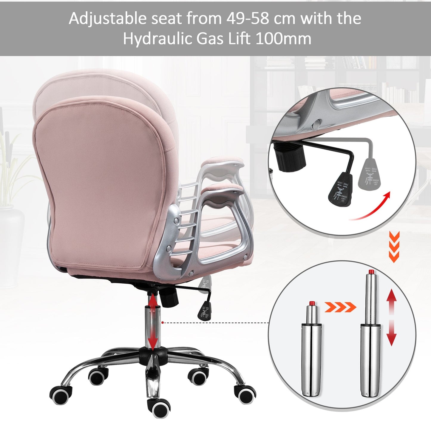 Vinsetto Office Chair Ergonomic 360° Swivel Diamond Tufted Home Work Velour Padded Base 5 Castor Wheels Pink