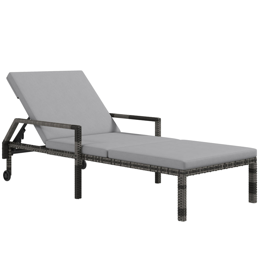 Outsunny Outdoor Sun Lounger, Rattan Wicker Chaise Recliner with 5-Level Adjustable Backrest and 2 Wheels