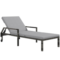 Outsunny Outdoor Sun Lounger, Rattan Wicker Chaise Recliner with 5-Level Adjustable Backrest and 2 Wheels