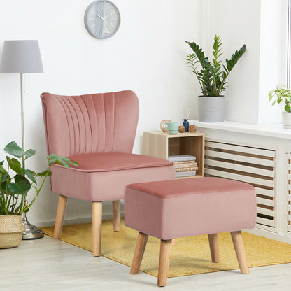 Soft Velvet Accent Chair with Oyster Shaped Back and Ottoman-Pink