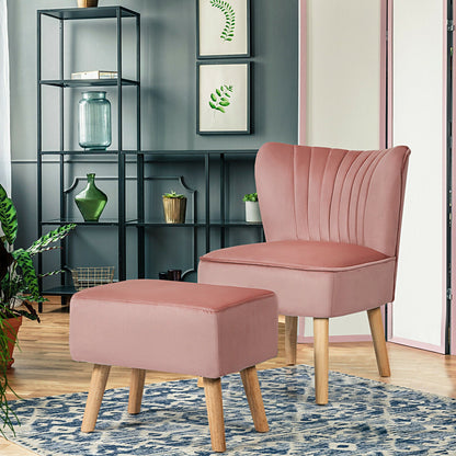 Soft Velvet Accent Chair with Oyster Shaped Back and Ottoman-Pink