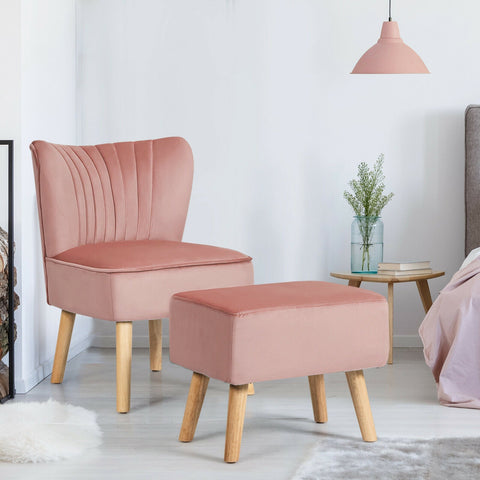 Soft Velvet Accent Chair with Oyster Shaped Back and Ottoman-Pink