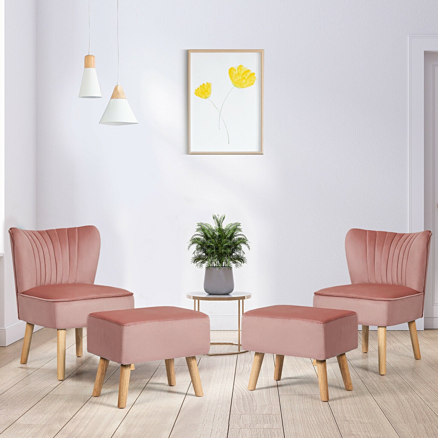 Soft Velvet Accent Chair with Oyster Shaped Back and Ottoman-Pink