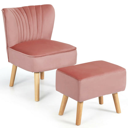 Soft Velvet Accent Chair with Oyster Shaped Back and Ottoman-Pink