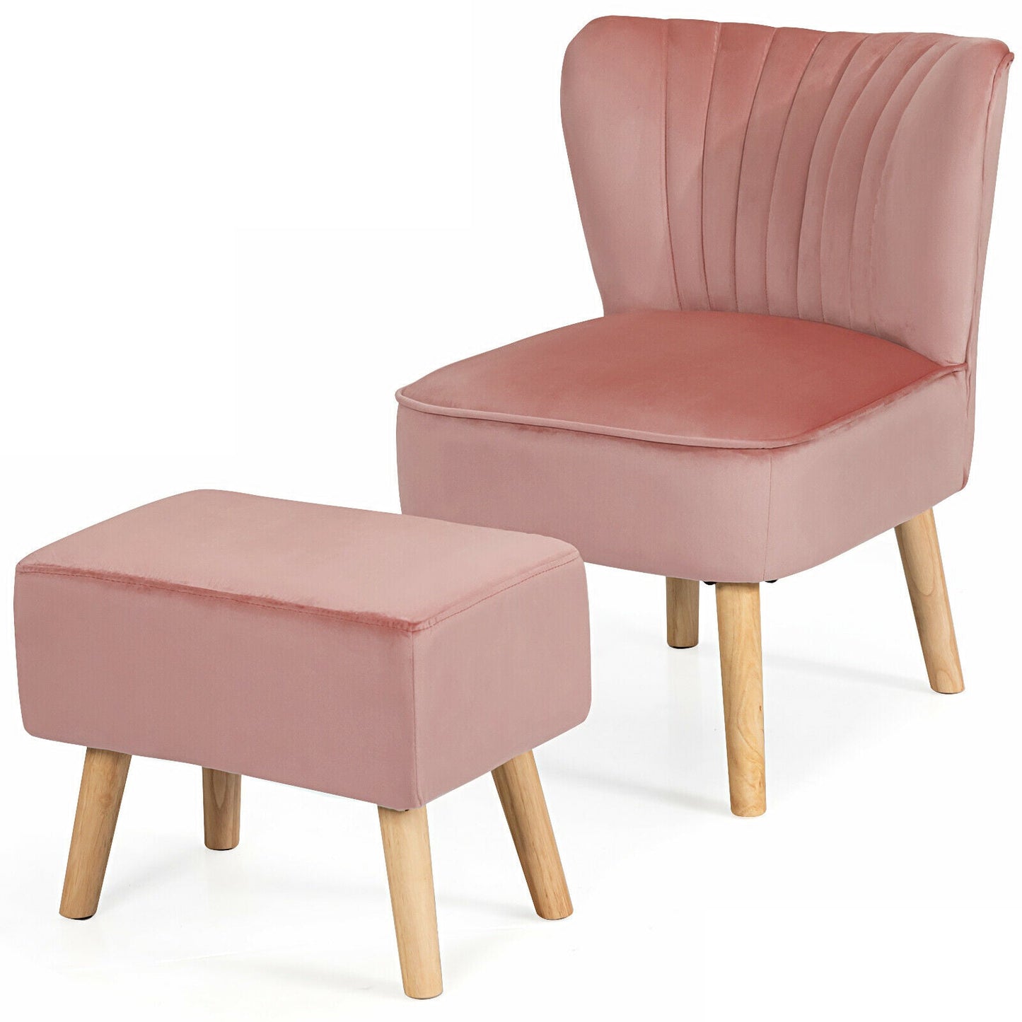 Soft Velvet Accent Chair with Oyster Shaped Back and Ottoman-Pink