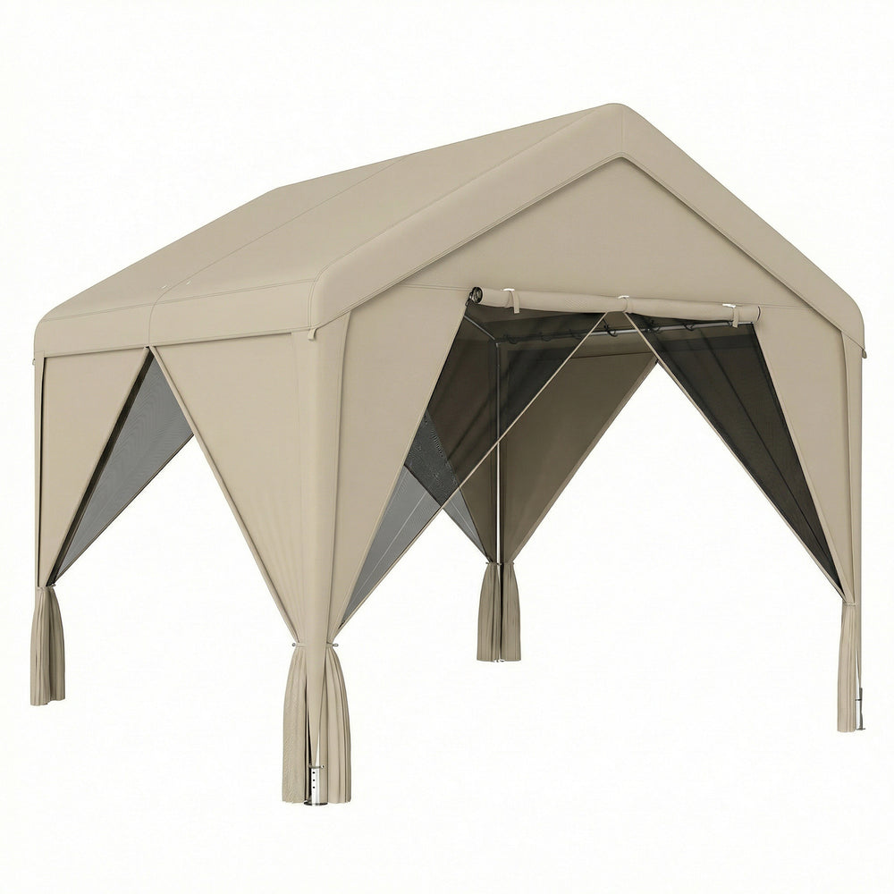 Outsunny 3 x 3 m Patio Gazebo with Netting & Curtains, Outdoor Canopy Shelter with Galvanised Steel Frame, Khaki