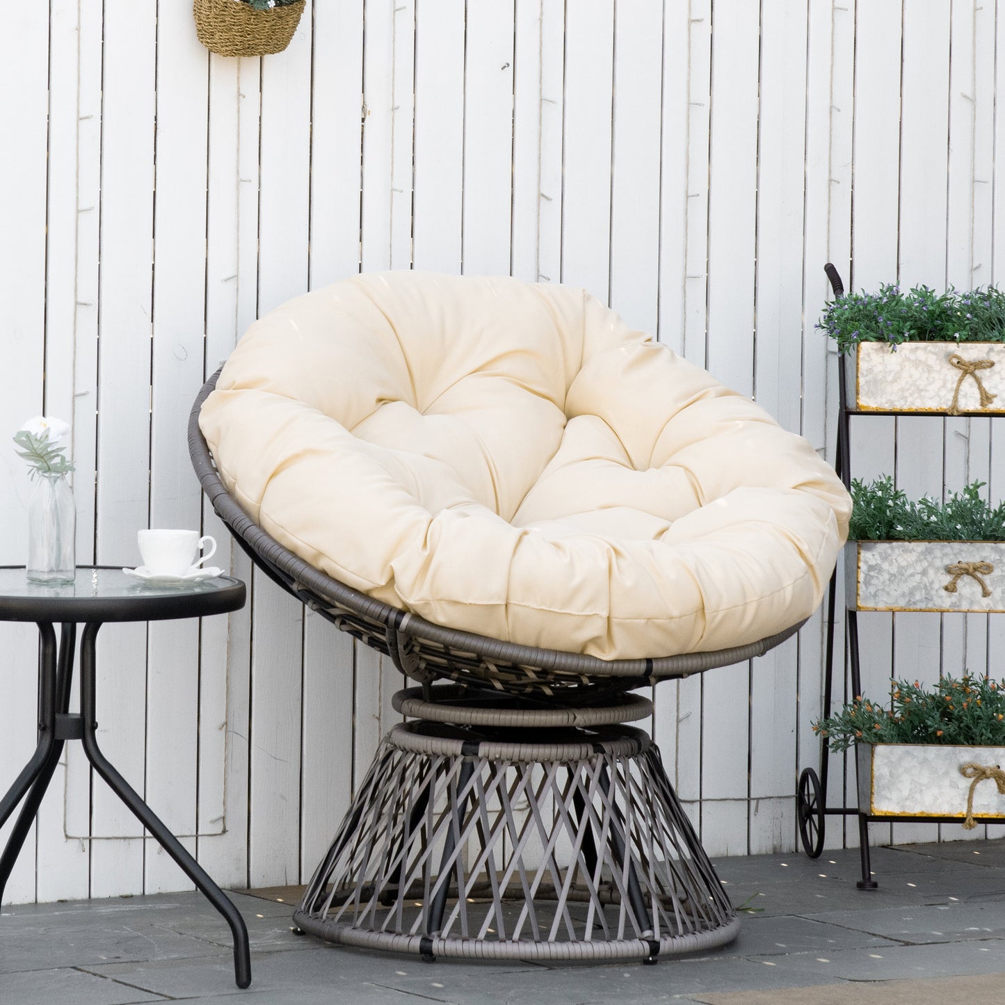 Outsunny 360Â° Swivel Rattan Moon Bowl Chair Round Lounge Garden Wicker Basket Seat with Padded Cushion Oversized for Outdoor Indoor, Beige