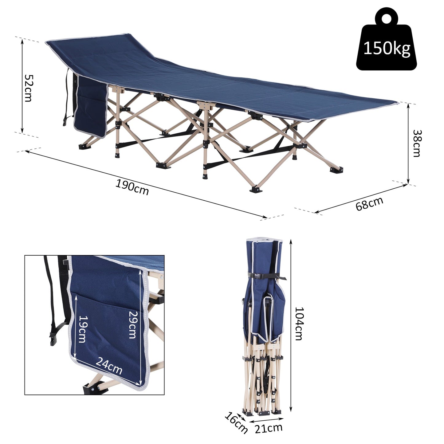 Outsunny Single Person Camping Bed Folding Cot Outdoor Patio Portable Military Sleeping Bed Travel Guest Leisure Fishing with Side Pocket and Carry Bag - Blue