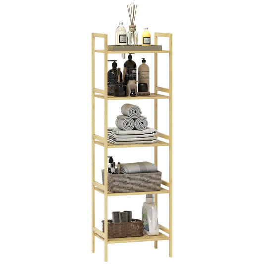 HOMCOM 5-Tier Bamboo Bathroom Storage Shelf, Freestanding Shelving Unit with Adjustable Rack for Kitchen Bathroom Living Room, Natural Wood Finish