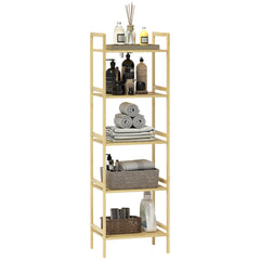 HOMCOM 5-Tier Bamboo Bathroom Storage Shelf, Freestanding Shelving Unit with Adjustable Rack for Kitchen Bathroom Living Room, Natural Wood Finish