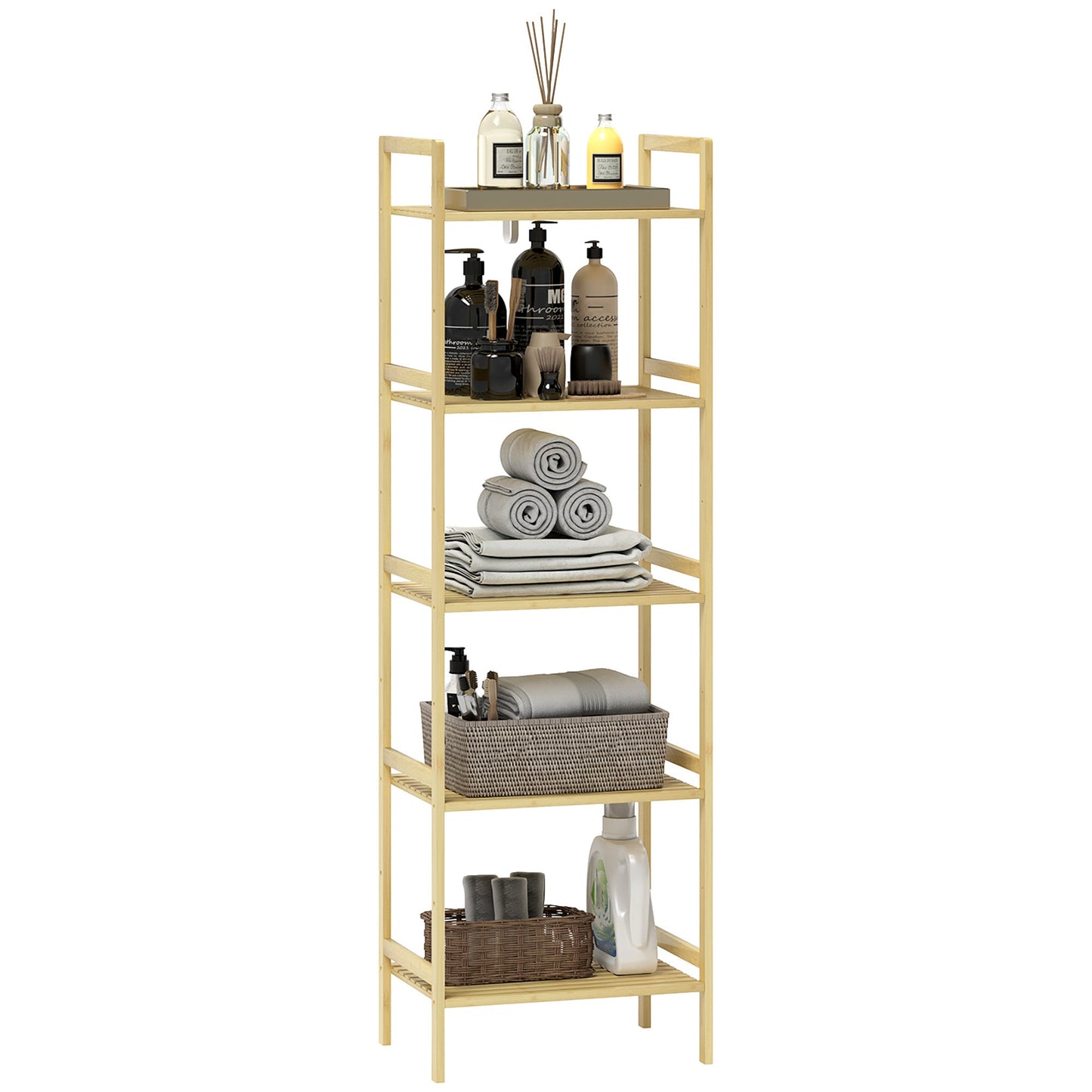 HOMCOM 5-Tier Bamboo Bathroom Storage Shelf, Freestanding Shelving Unit with Adjustable Rack for Kitchen Bathroom Living Room, Natural Wood Finish