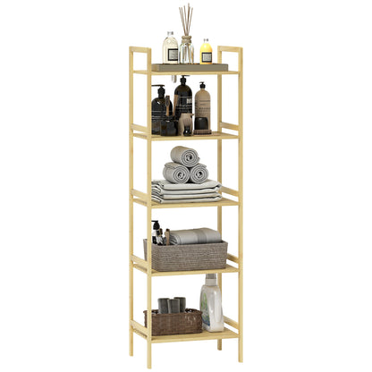 HOMCOM 5-Tier Bamboo Bathroom Storage Shelf, Freestanding Shelving Unit with Adjustable Rack for Kitchen Bathroom Living Room, Natural Wood Finish
