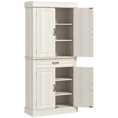 HOMCOM Kitchen Cupboard with 4 Doors, Freestanding Storage Cabinet with Wide Drawer and Shelves for Living Room, 180cm, White Wood Grain