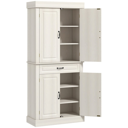 HOMCOM Kitchen Cupboard with 4 Doors, Freestanding Storage Cabinet with Wide Drawer and Shelves for Living Room, 180cm, White Wood Grain