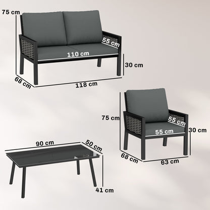 Outsunny 4 Seater Rattan Garden Furniture Set with 2 Armchairs, Loveseat, Coffee Table, Garden Sofa Set with Cushions, Dark Grey