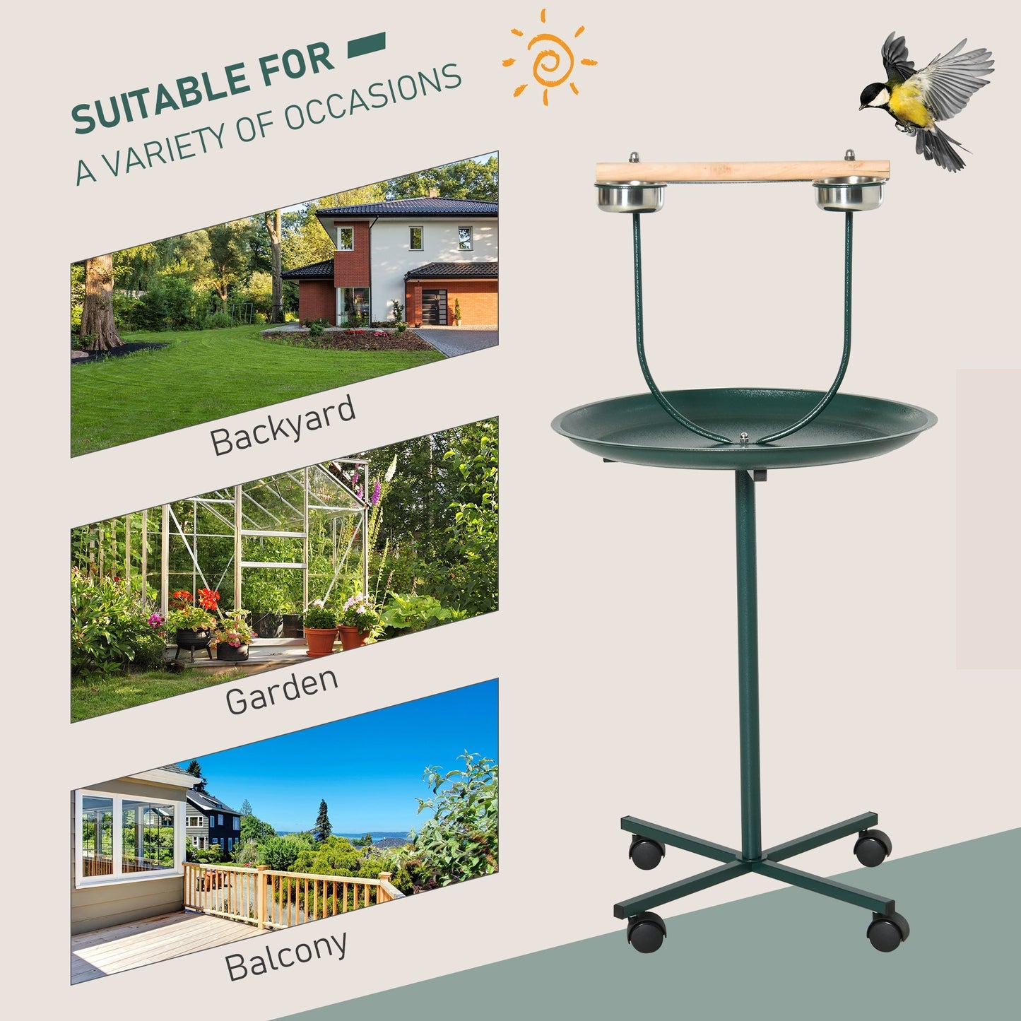 PawHut Bird Perch Stand with Four Wheels, Feeding Bowls, for Small, Medium Birds, Green