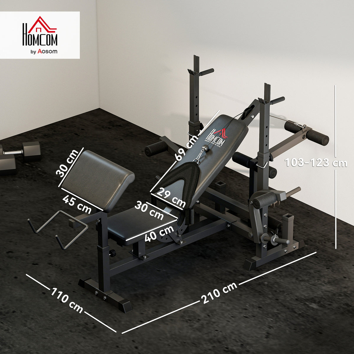 HOMCOM Weight Bench, 6 in 1 Adjustable Bench Press with Leg Extension, Barbell Rack, Preacher Curl Pad, Resistance Band, Multi-Function Home Gym Equipment for Strength Training Weightlifting