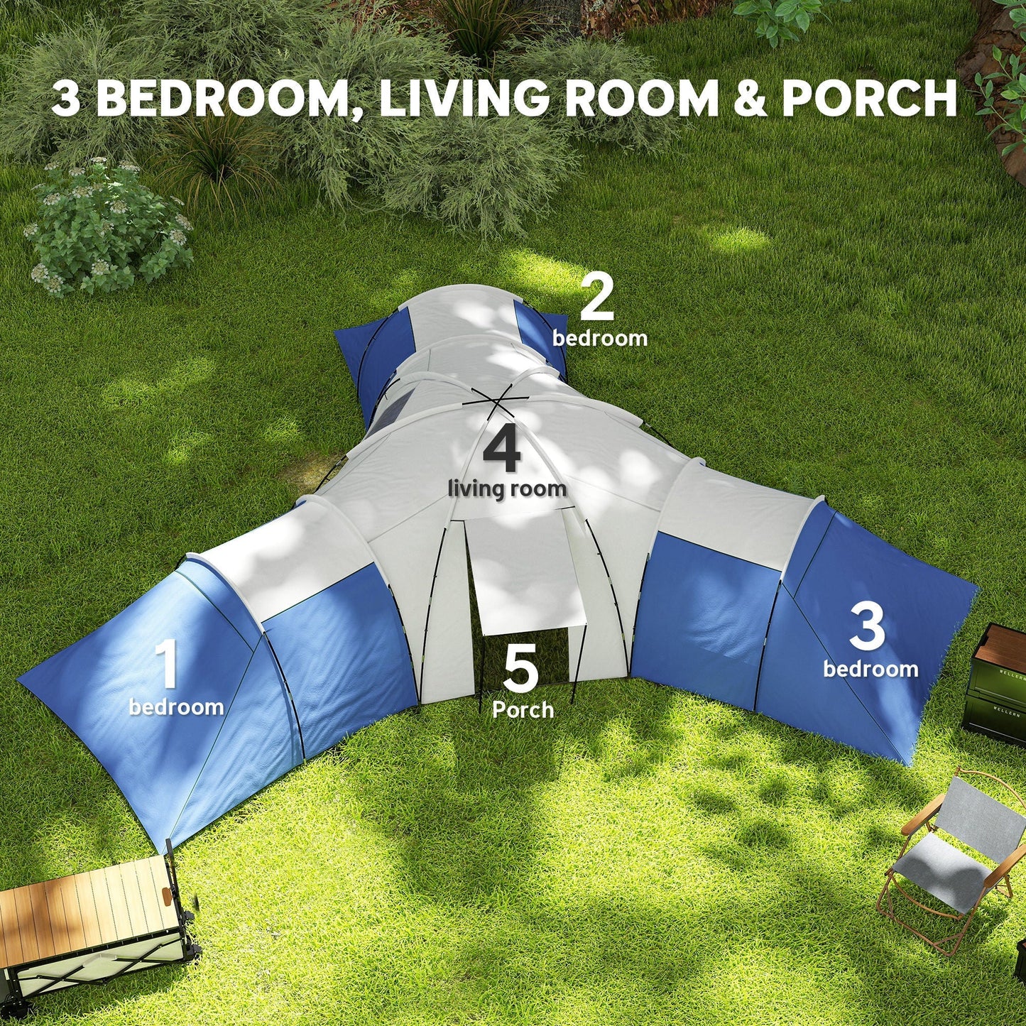 Outsunny 6-9 Man Tent with Bedrooms and Living Room, Accessories Included, Blue