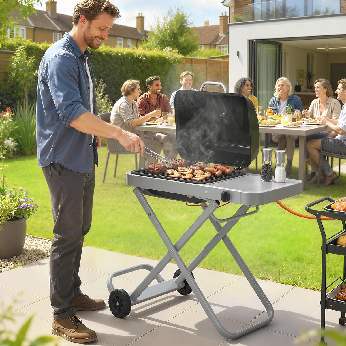 Outsunny Foldable Gas BBQ Grill with Side Table, Portable Gas Barbecue Grill with Thermometer, Grease Box, Wheels, 2.5 kW, Black